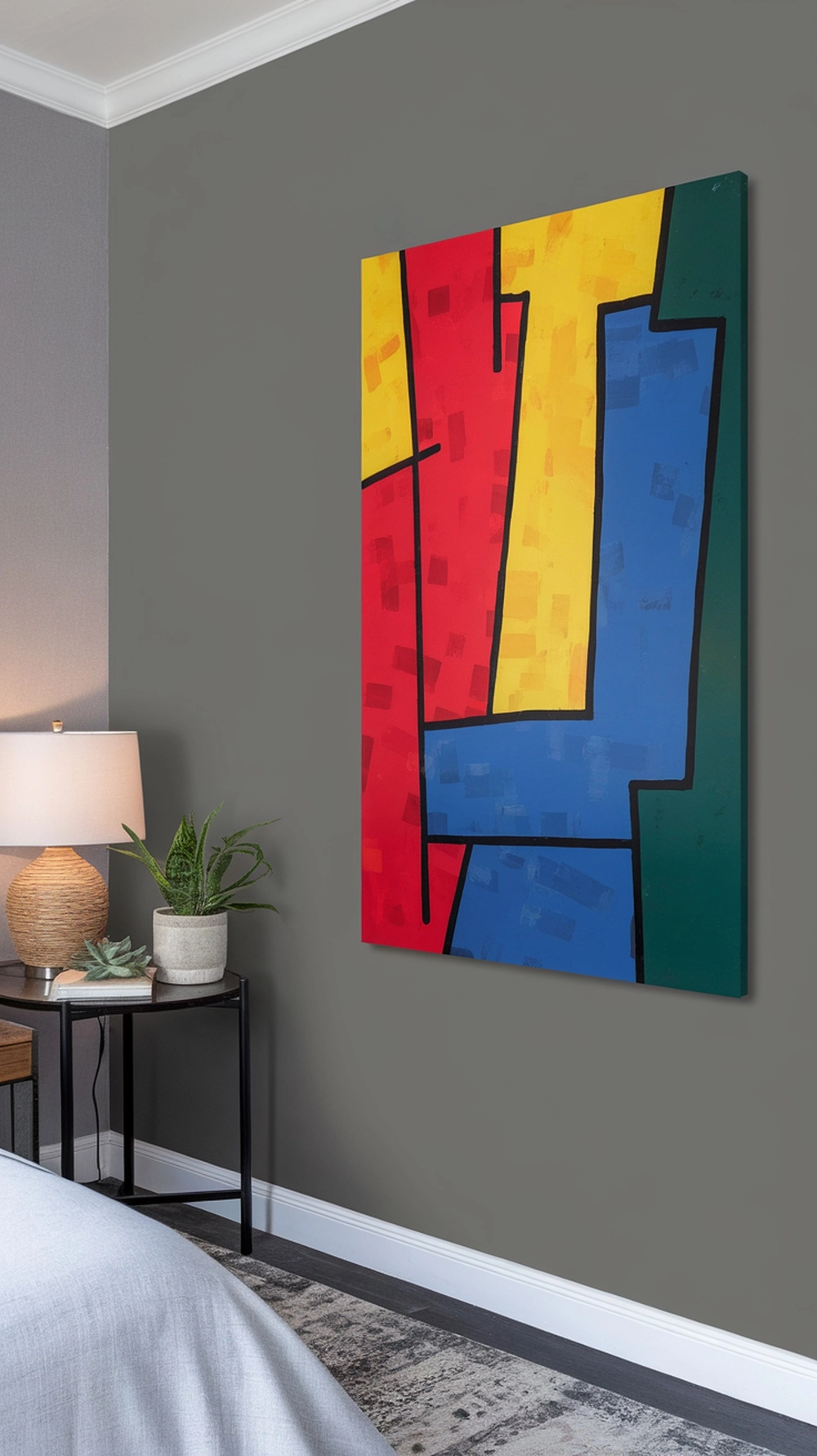 Grey bedroom wall with colorful abstract artwork