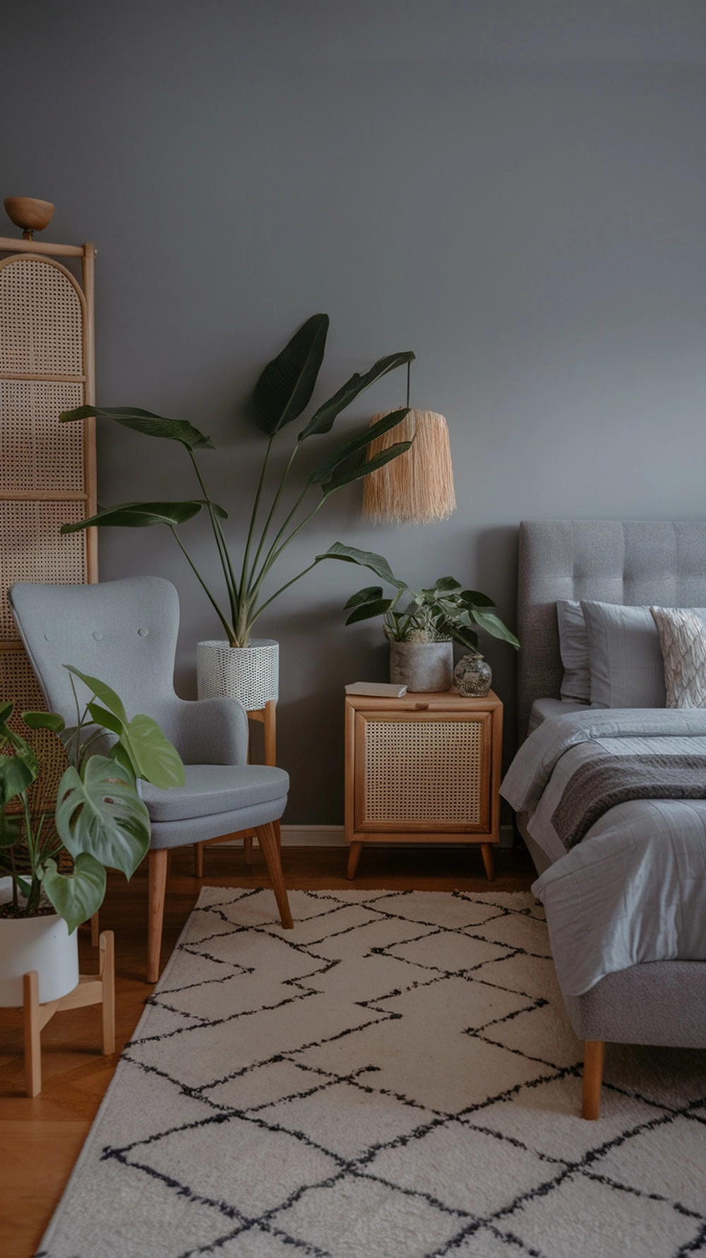 Grey bedroom with green plant accents and natural textures