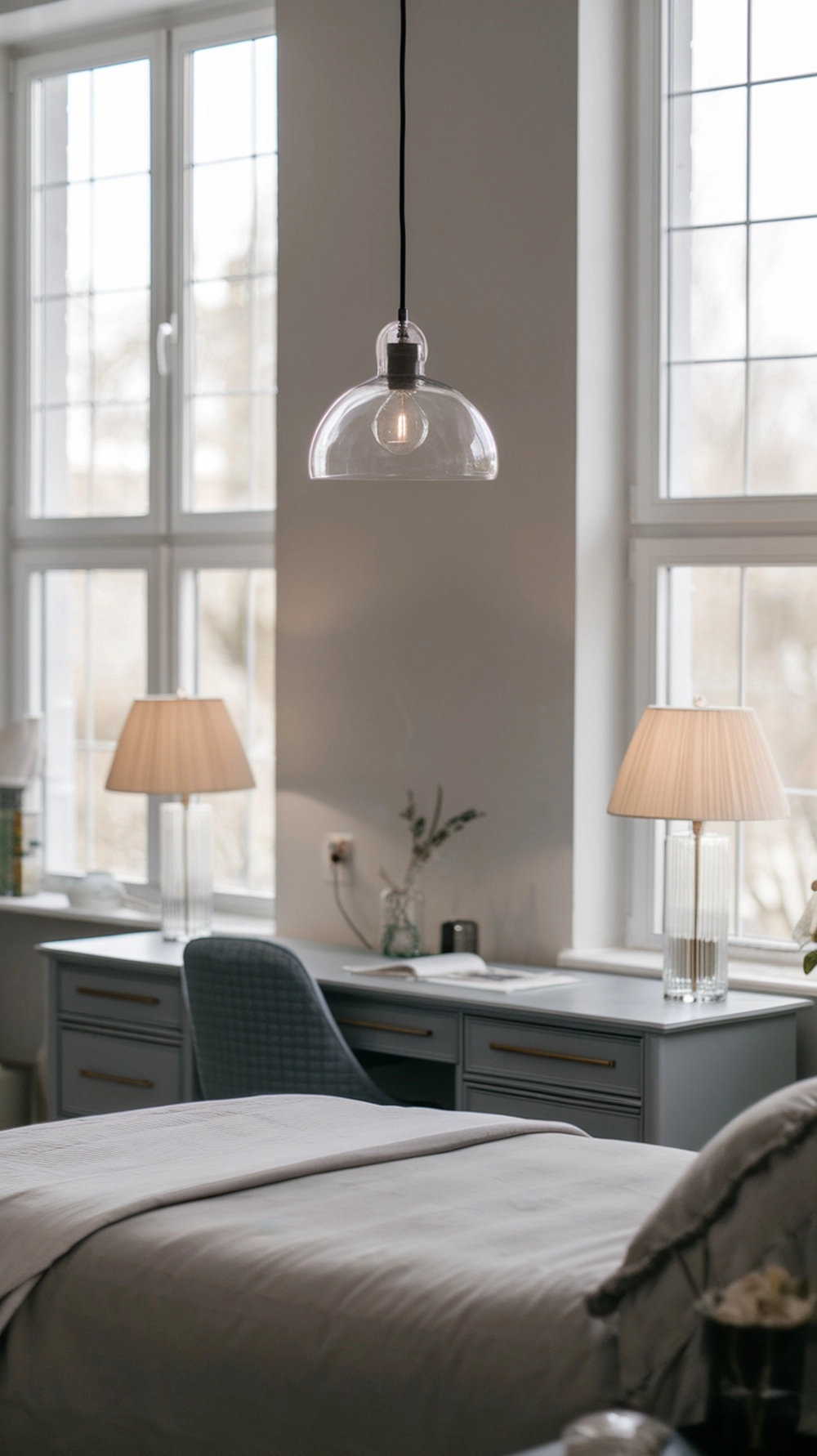 Grey bedroom with layered lighting including pendant, lamps, and natural light