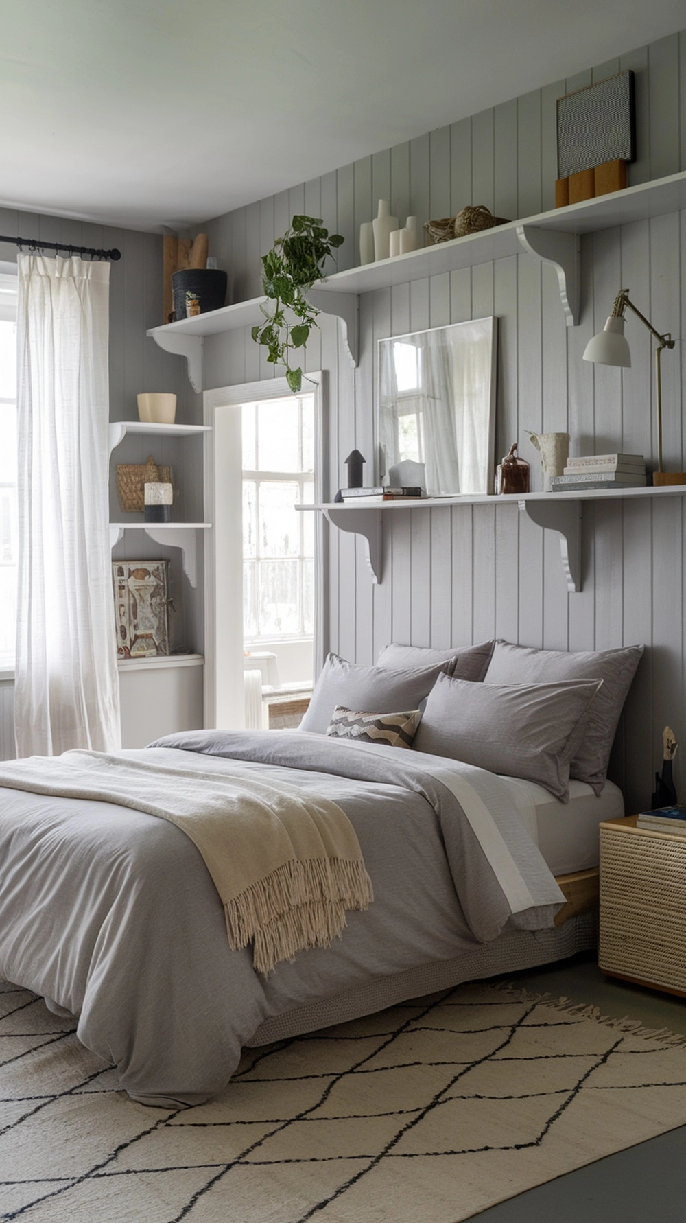 Grey bedroom with layered textiles including bedding, pillows, and curtains