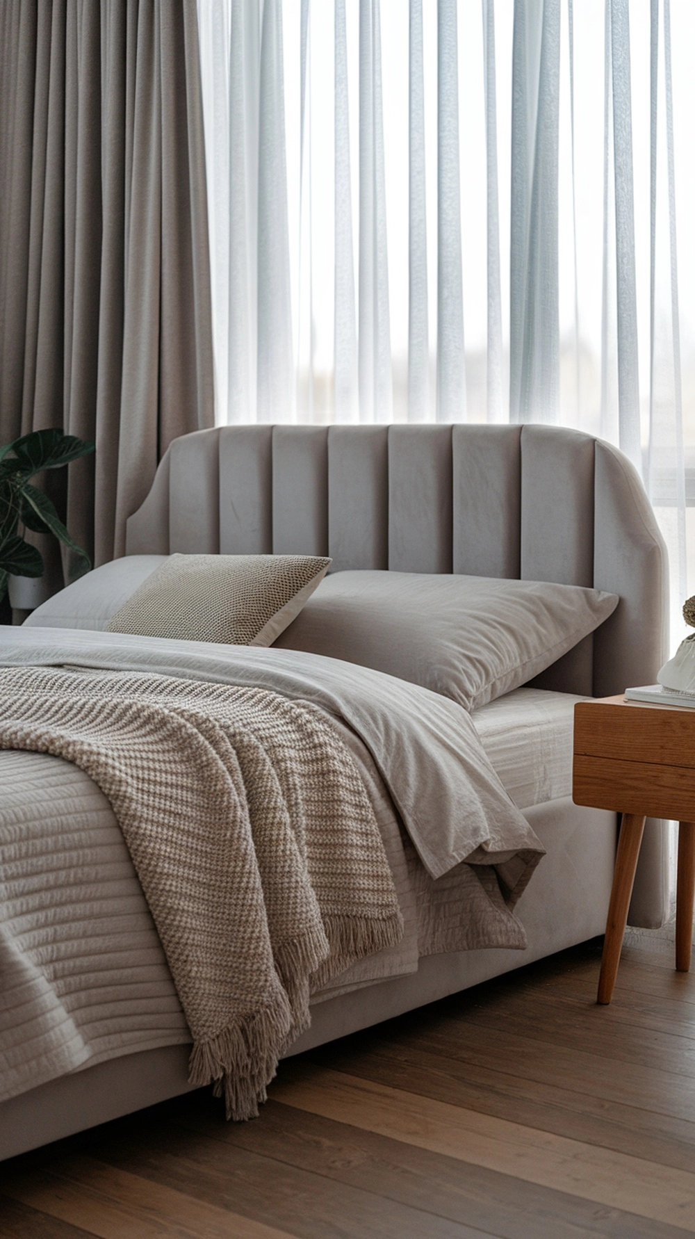 Grey bedroom with multiple textures including velvet, knit, and wood