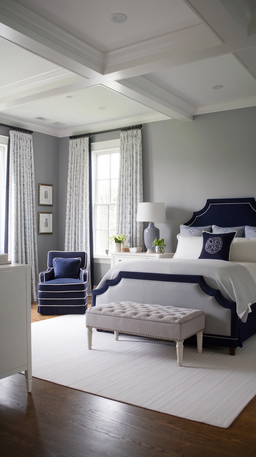 Grey bedroom with navy blue accents and white trim