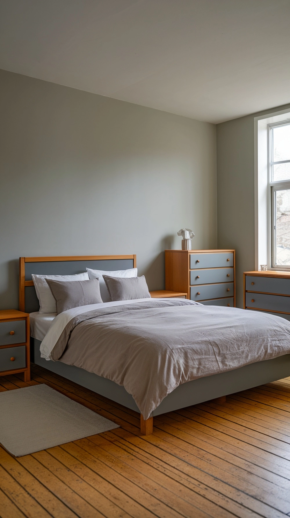 Grey bedroom with warm wood furniture and neutral bedding