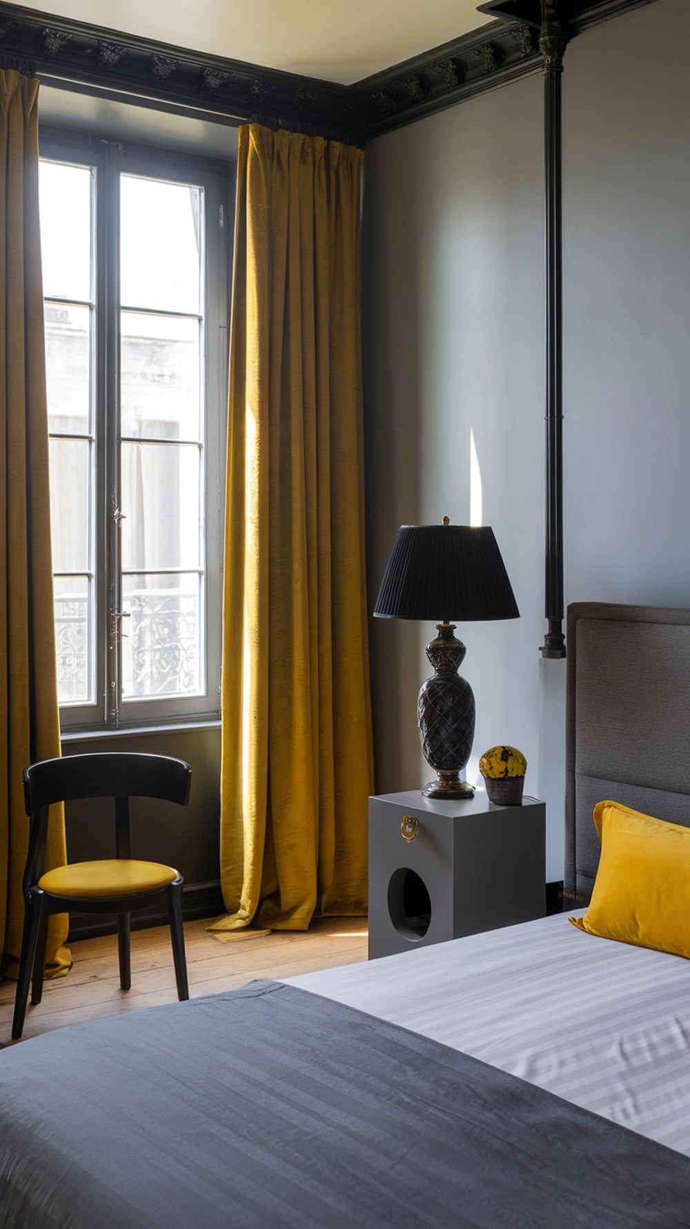 Grey bedroom with yellow accents and black details