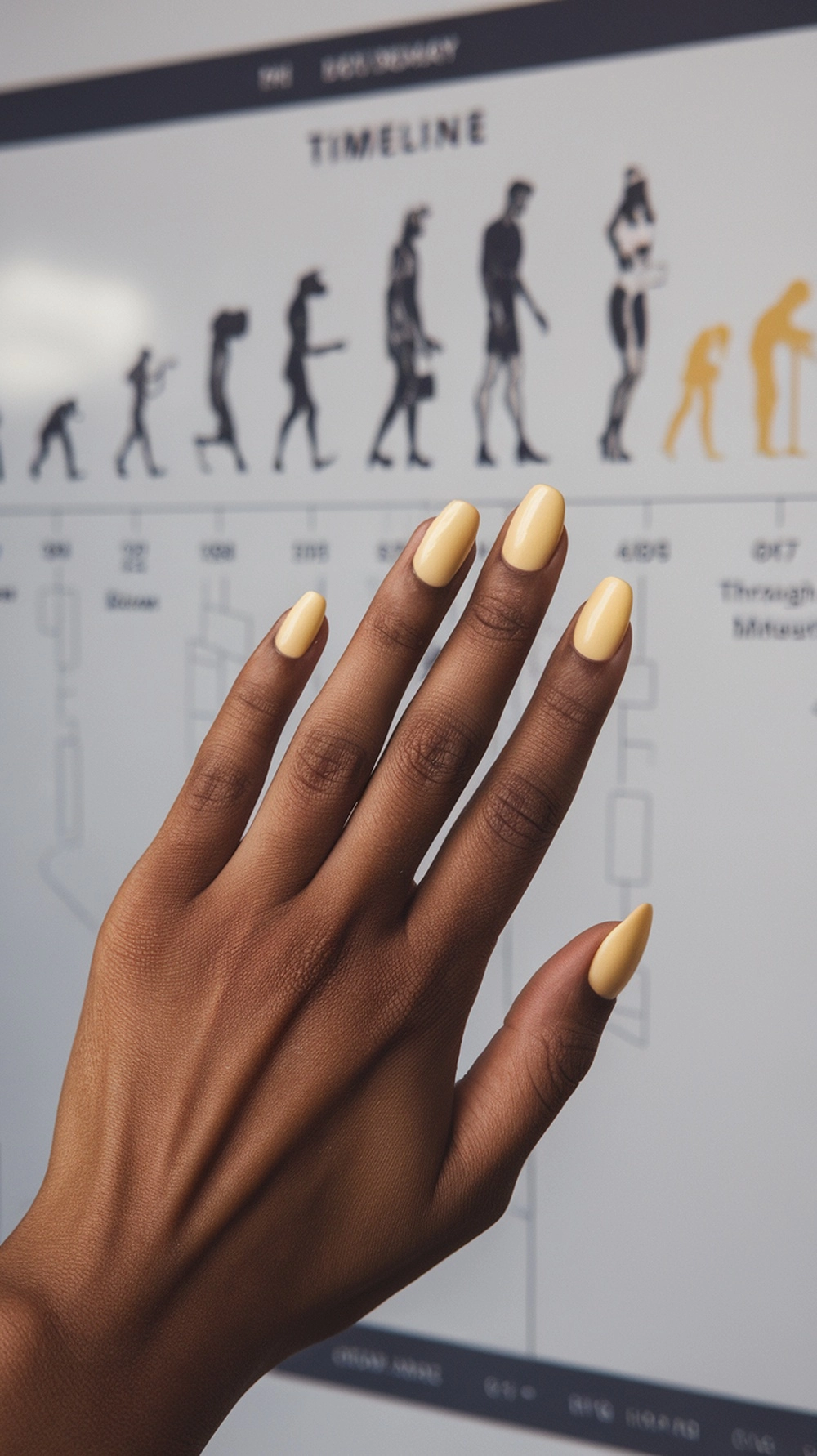 A hand with butter yellow nails against a timeline graphic.