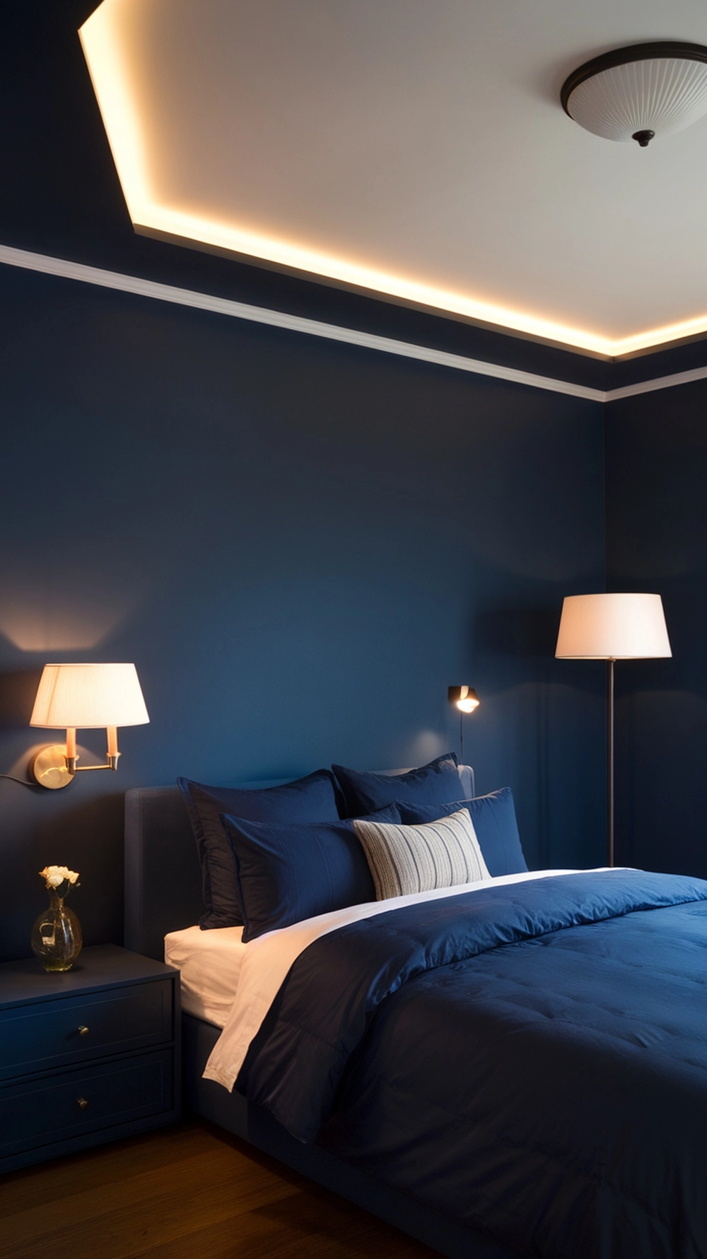 Layered lighting in a navy blue bedroom
