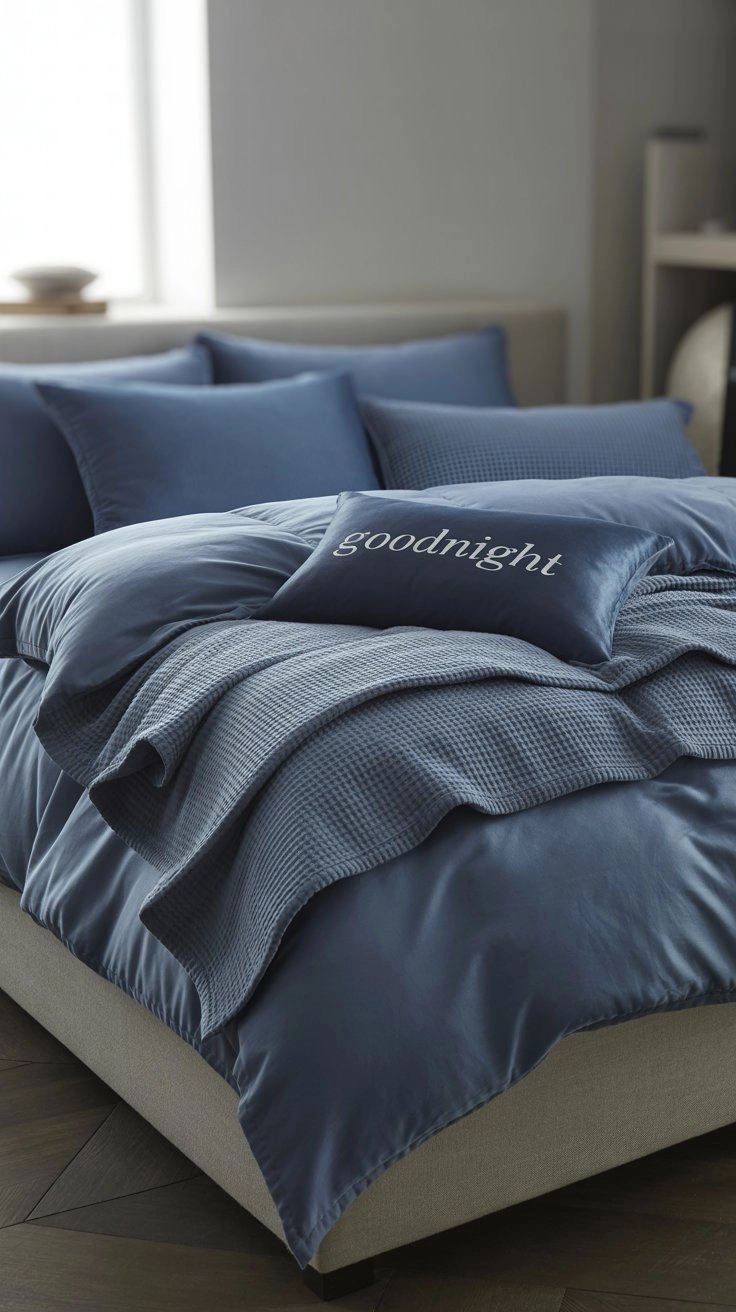 Layered navy blue bedding with various textures