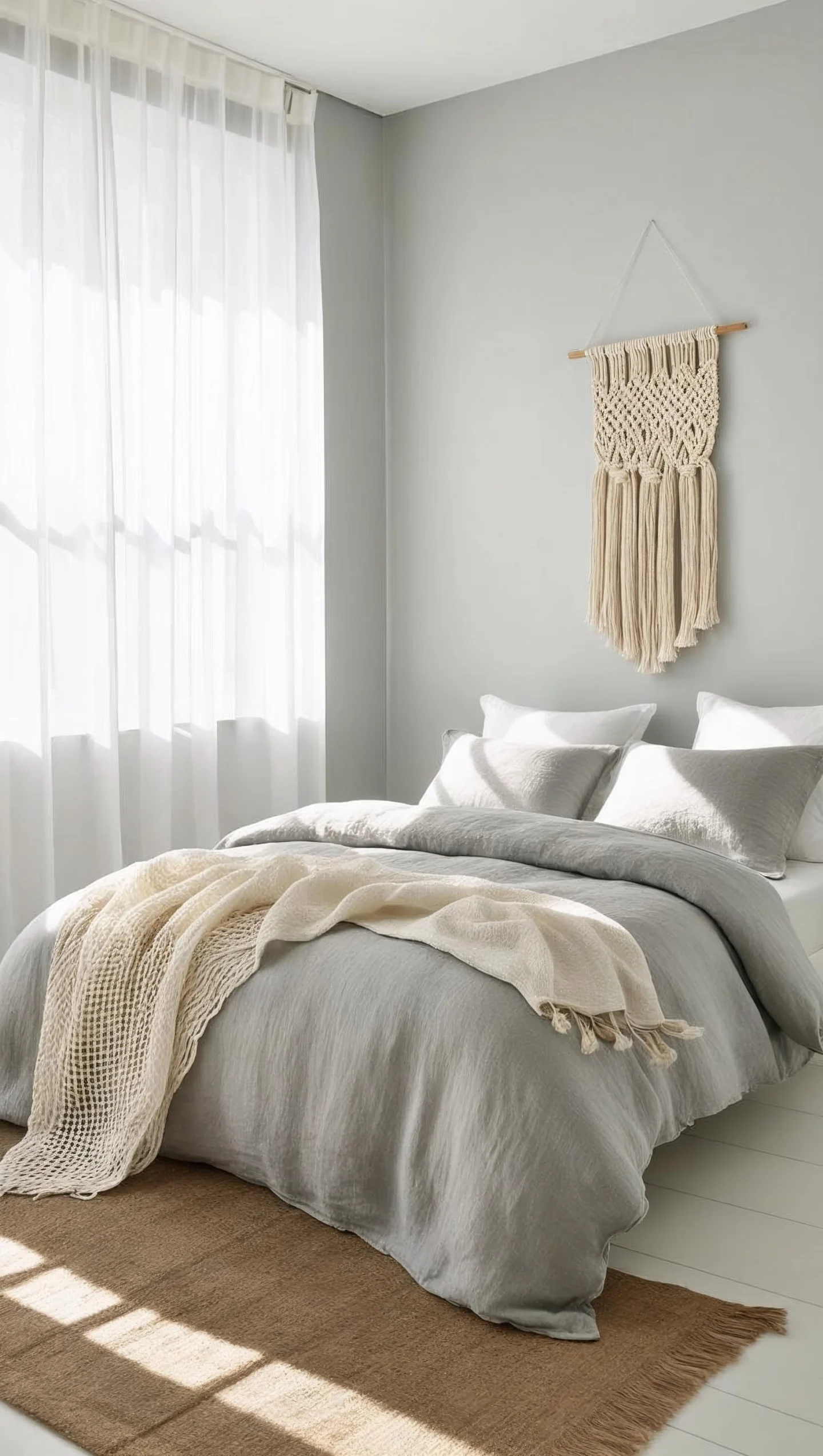 Light and airy grey bedroom with white accents and natural textures