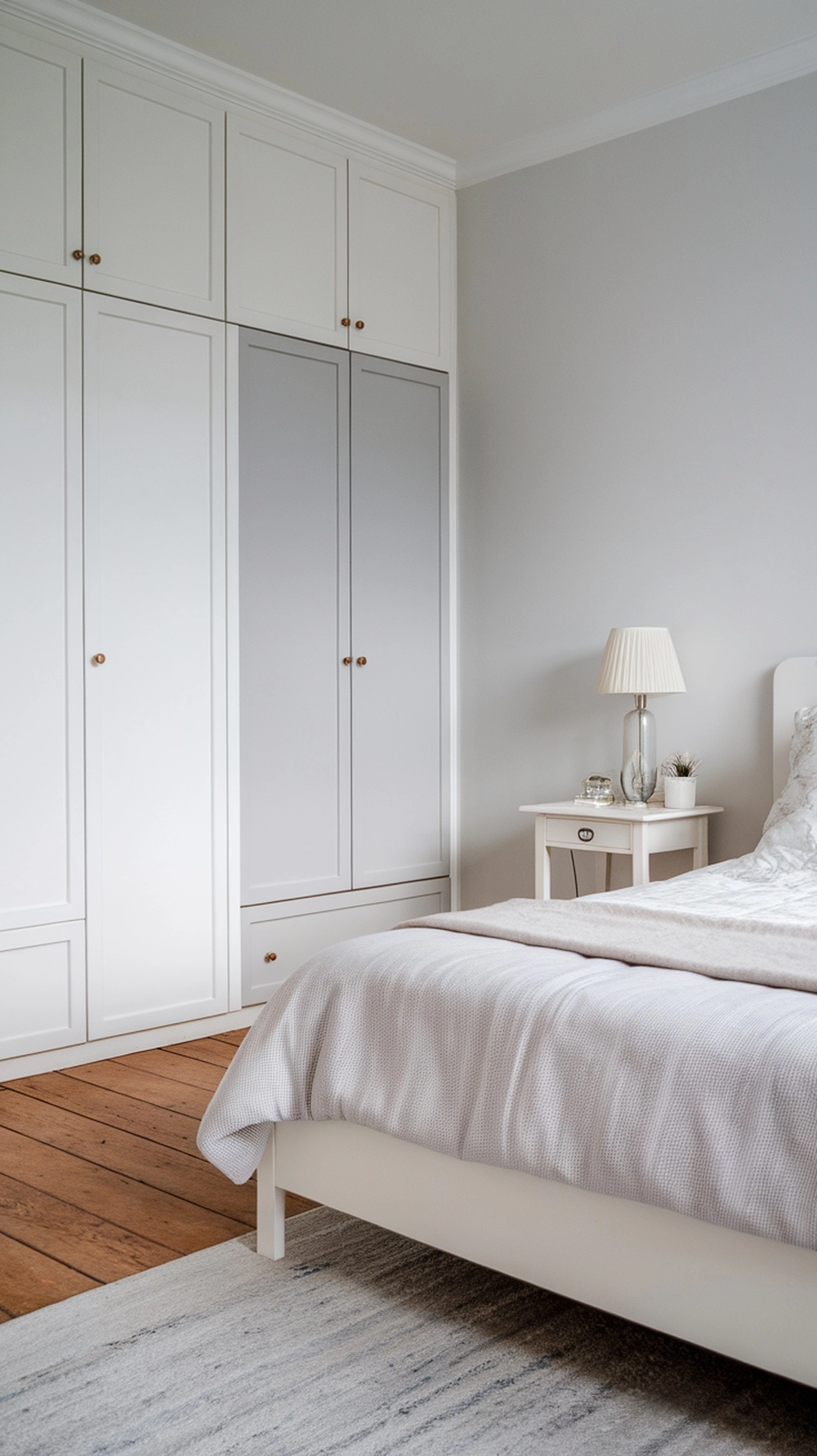 Light grey and white bedroom with Scandinavian design elements
