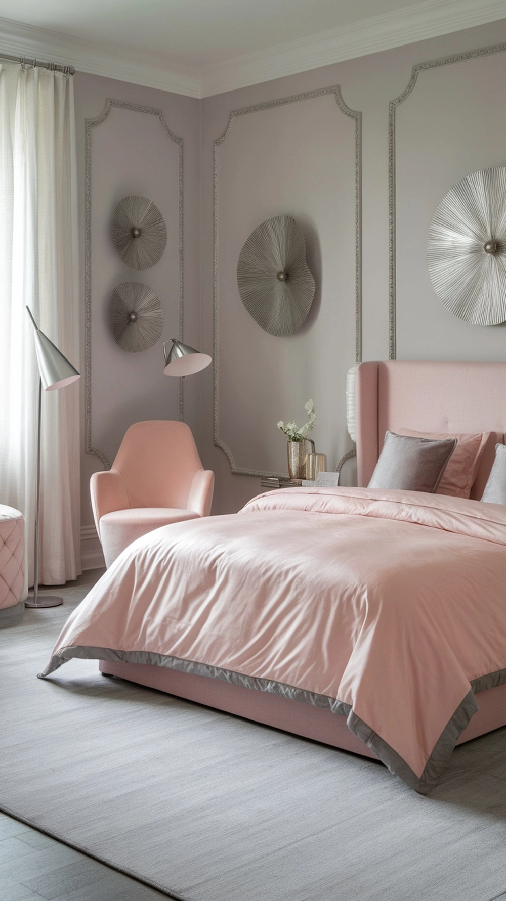 Light grey bedroom with blush pink accents and silver details