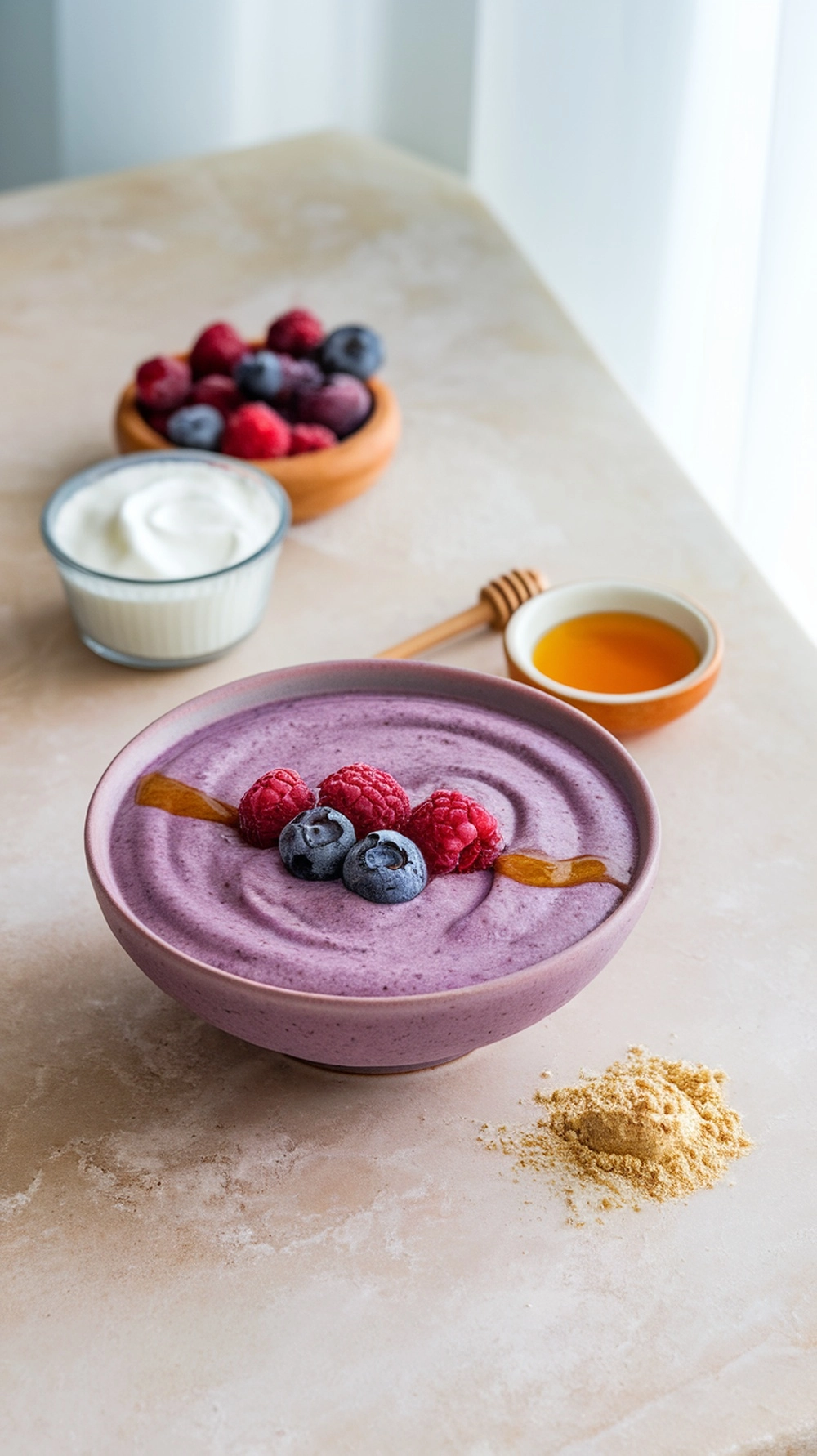 Berry Protein Easy Smoothie Recipe in a bowl topped with frozen berries and a drizzle of honey