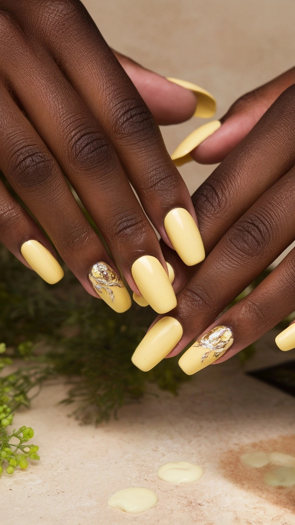 Hands with butter yellow nails and nail care products