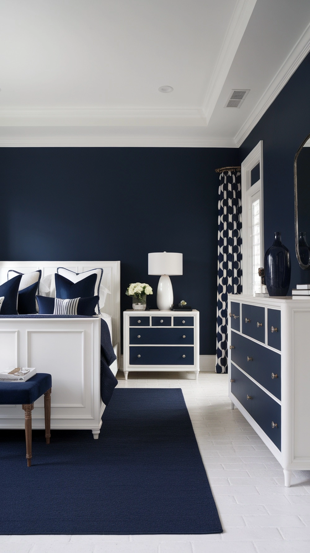 Navy blue and white bedroom with crisp contrast