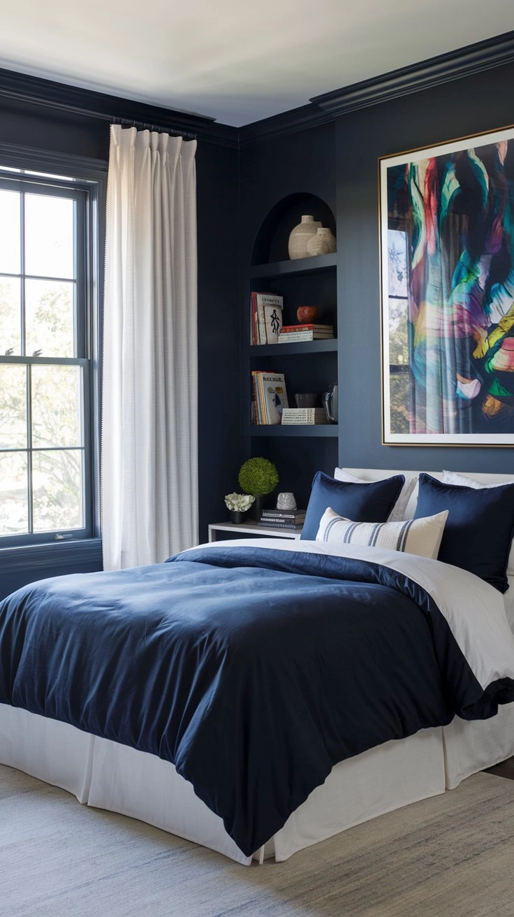 Navy blue bedroom with carefully curated accessories and artwork