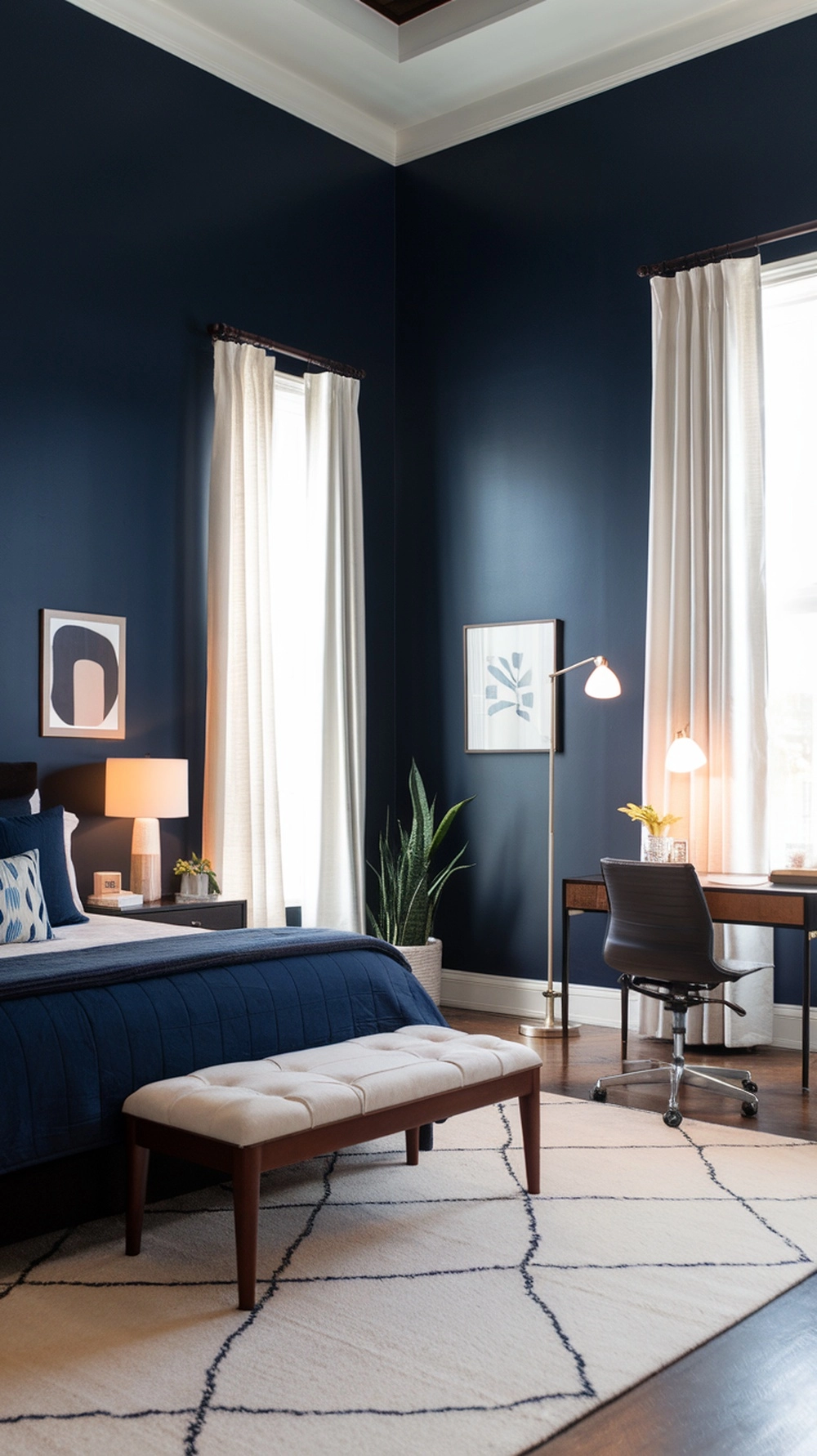 Navy blue bedroom with strategic lighting elements