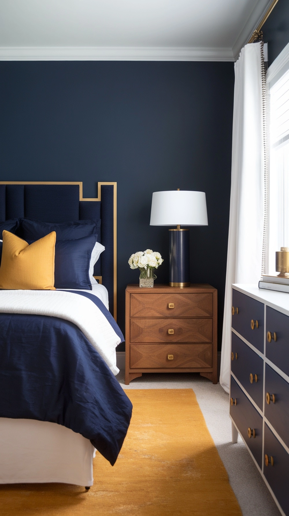 Beautiful navy blue bedroom with warm gold and mustard accents
