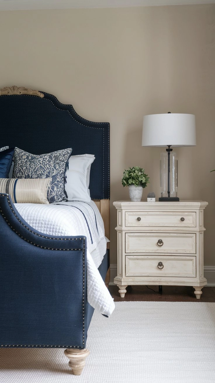Navy blue upholstered bed with complementary furniture