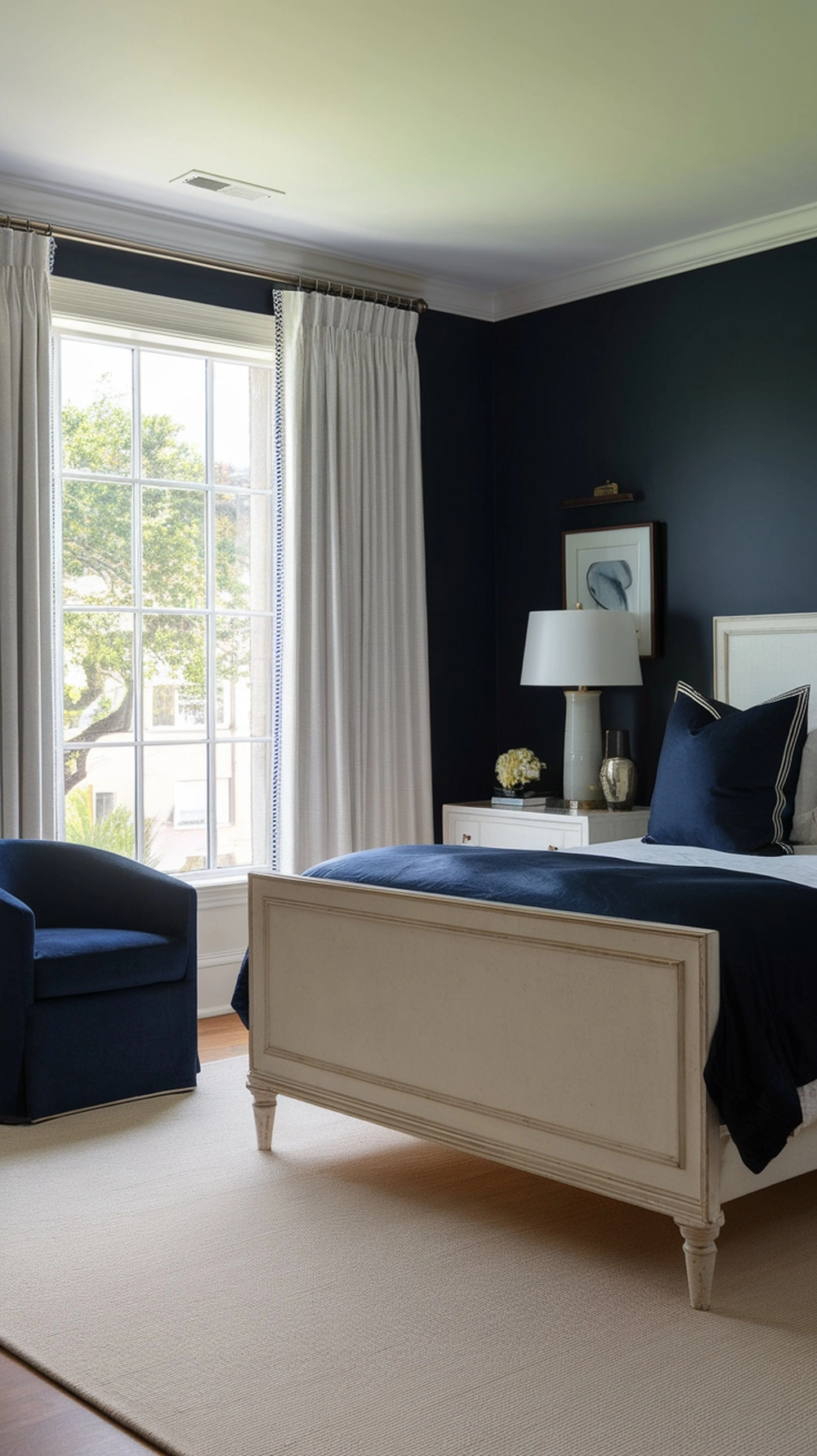 Stunning navy blue bedroom with perfect balance of colors and textures