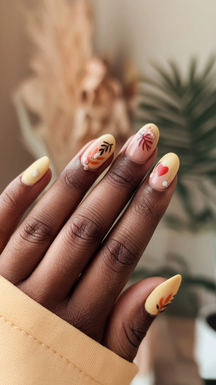 Close-up of hands with butter yellow nails featuring floral designs.