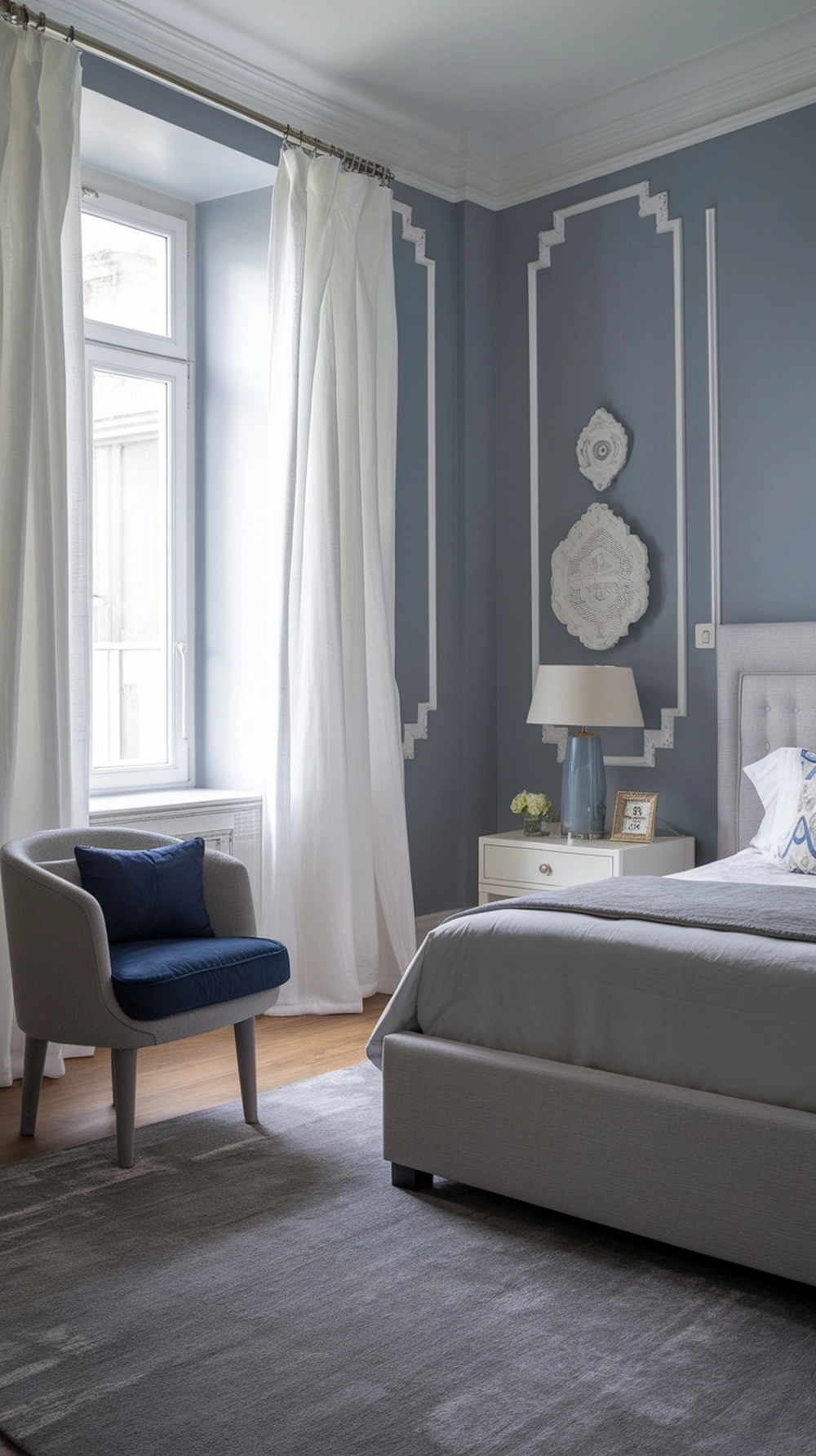 Stunning Cool grey bedroom with blue undertones and white accents