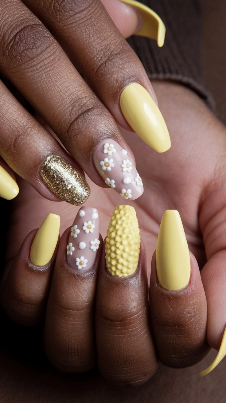 Close-up of butter yellow nails showcasing various textures and finishes