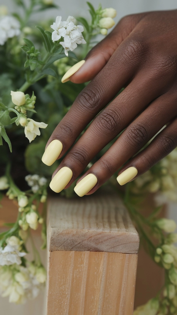 A close-up of a hand with butter yellow nails adorned with floral designs, set against a colorful background.