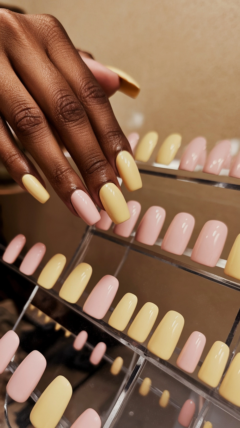 A hand showcasing butter yellow nails next to various nail shapes