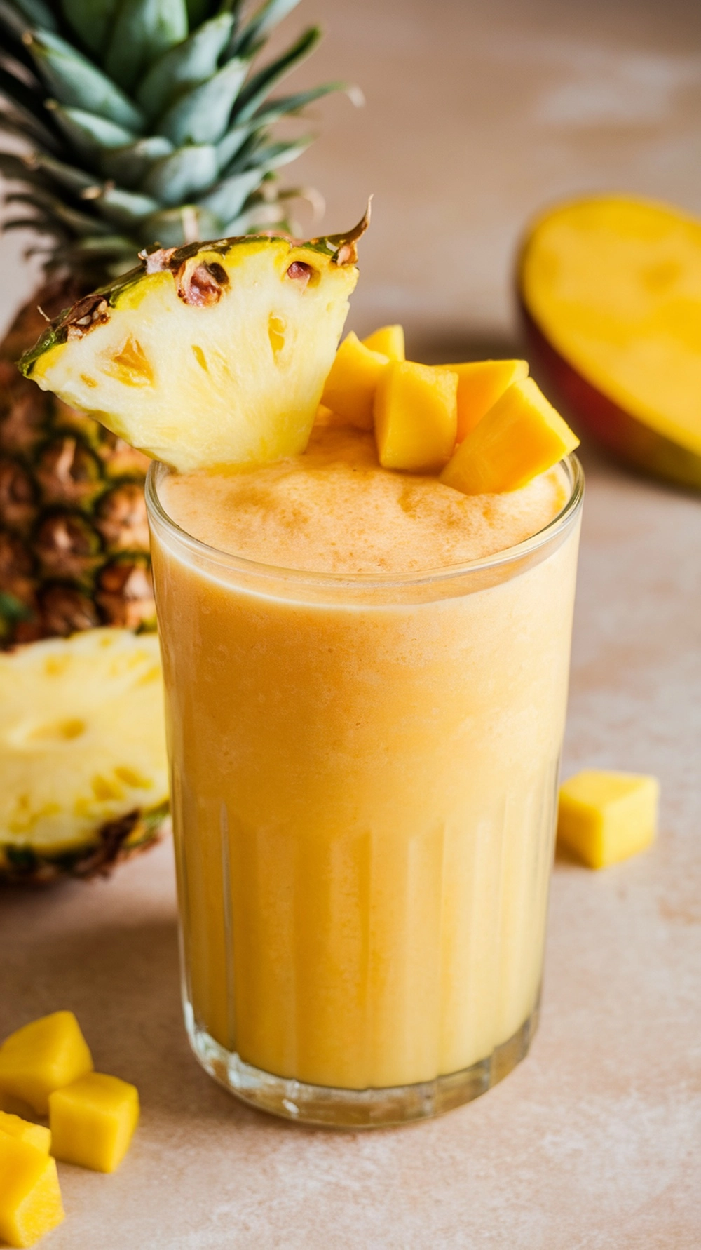 Tropical pineapple mango Smoothie in a tall glass