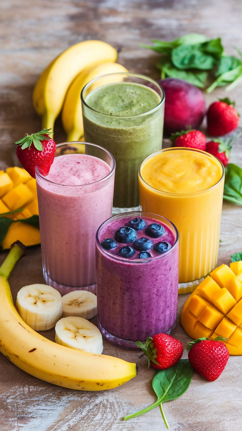 Colorful Easy Smoothie Recipes in glasses with fresh fruit scattered around