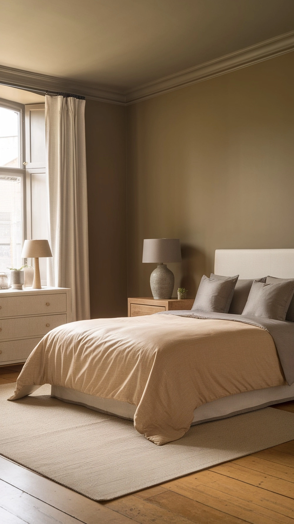 Warm grey bedroom with beige undertones and natural wood accents