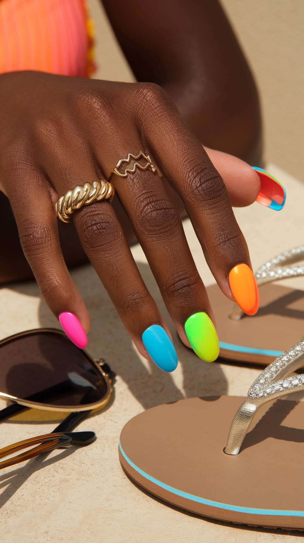 A hand with brightly colored neon nails, rings, and flip-flops on a sandy surface.