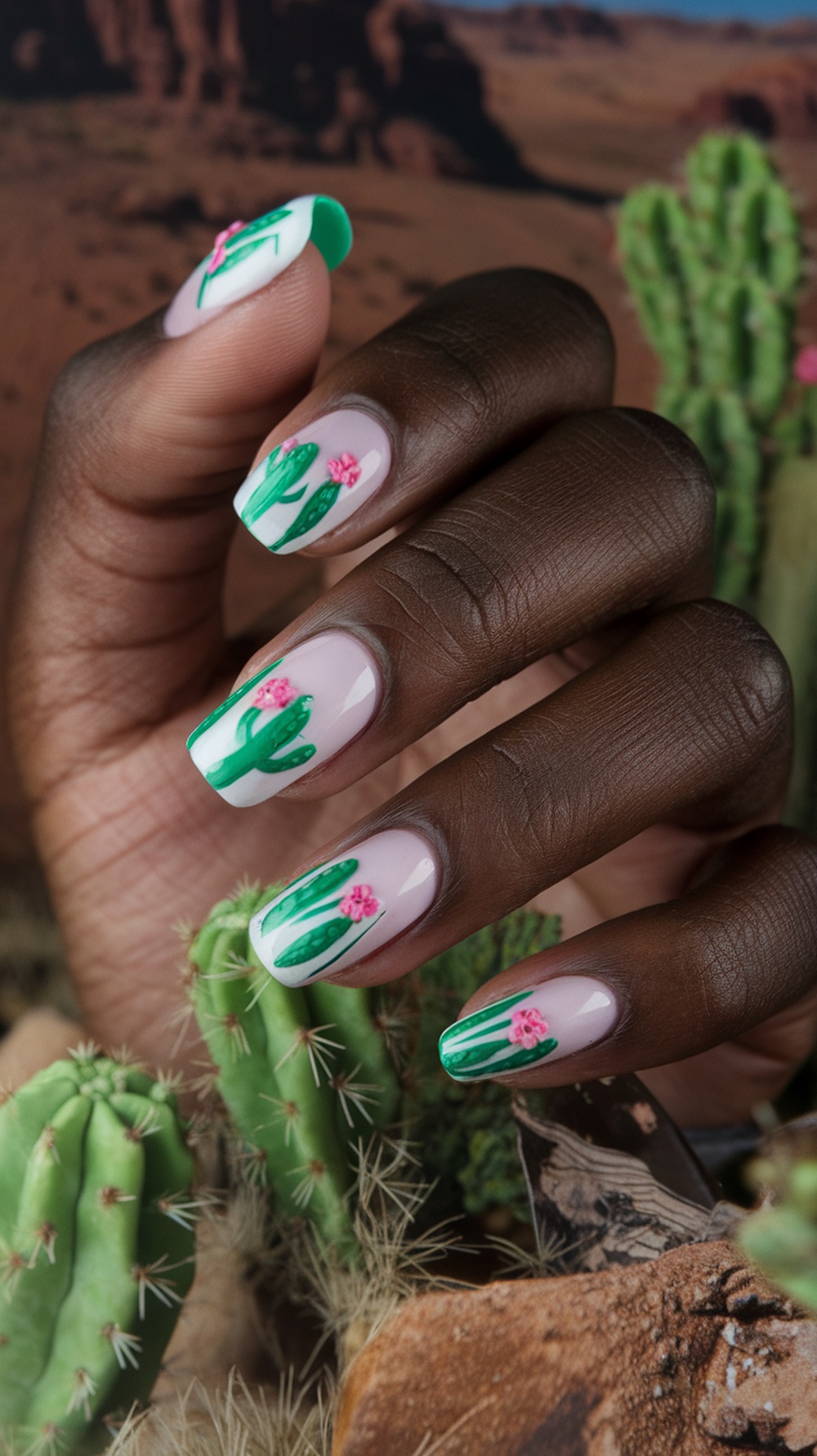 Nails with cactus and pink floral designs against a desert background.