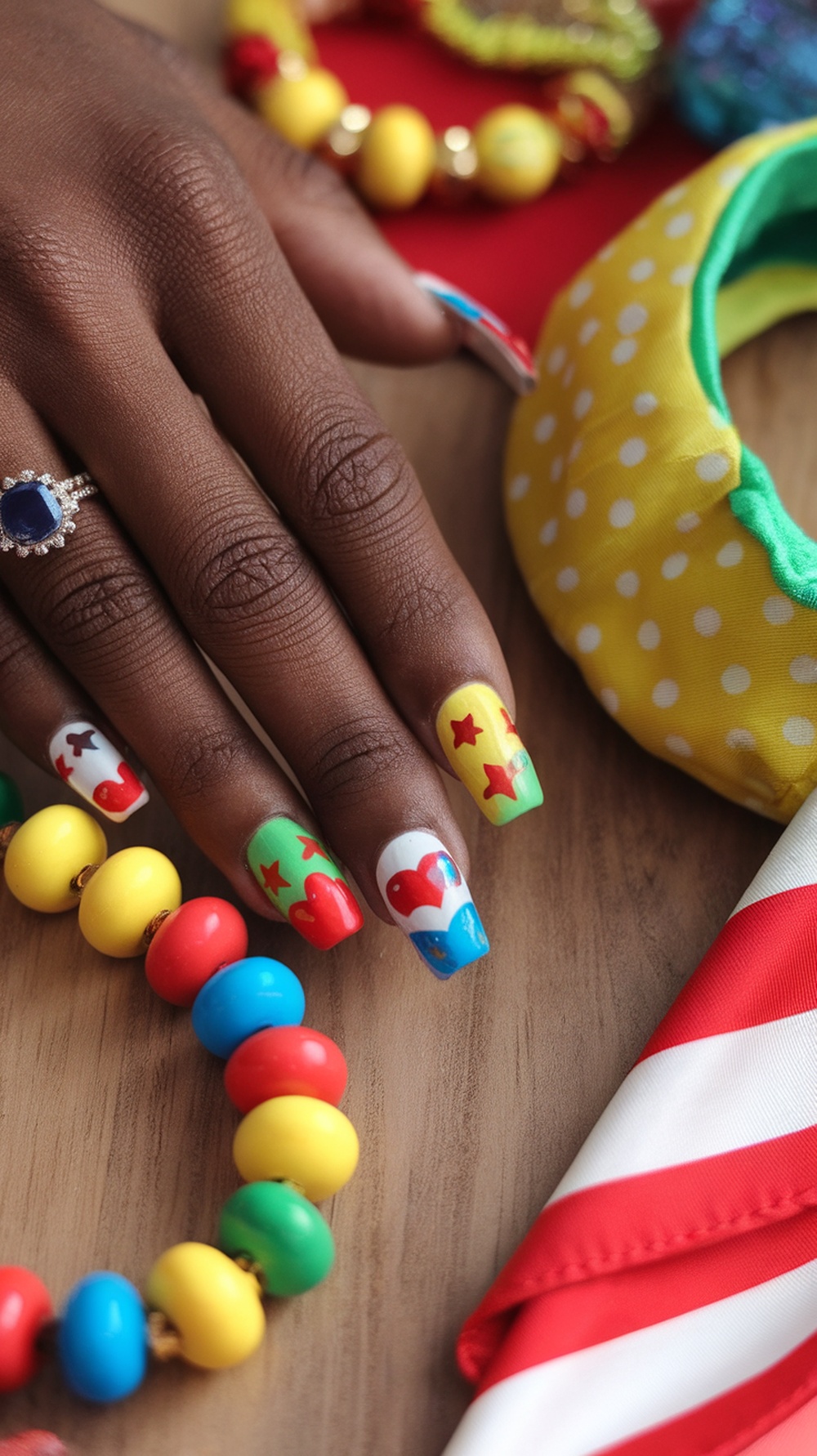 Colorful nails with playful designs featuring hearts and stars, surrounded by summer accessories.