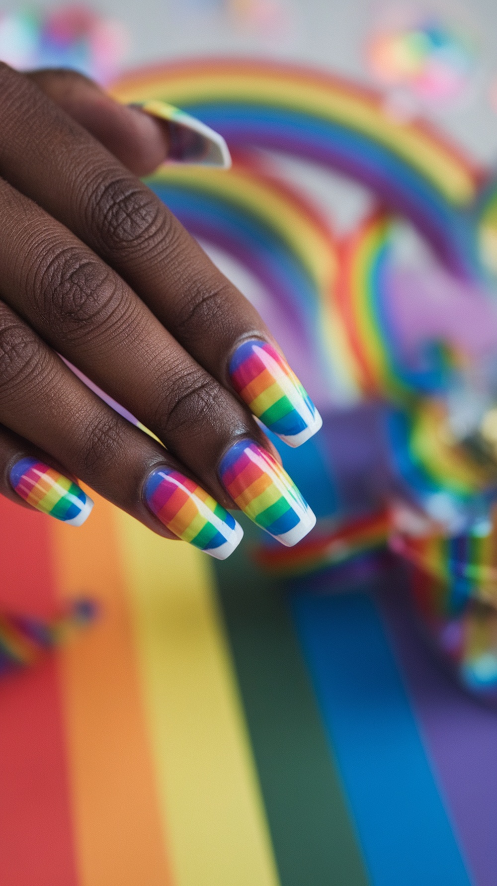 Colorful tie-dye nails with rainbow stripes on a hand against a colorful background