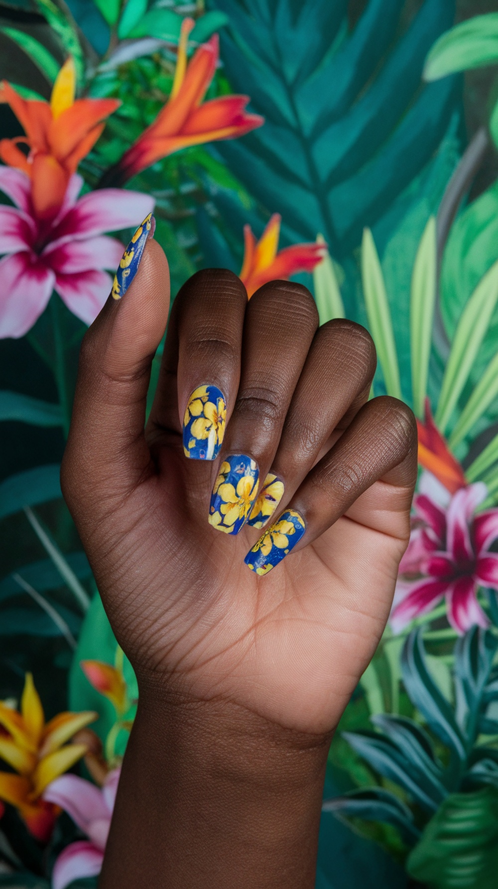 Close-up of a hand with exotic floral patterned nails against a tropical background