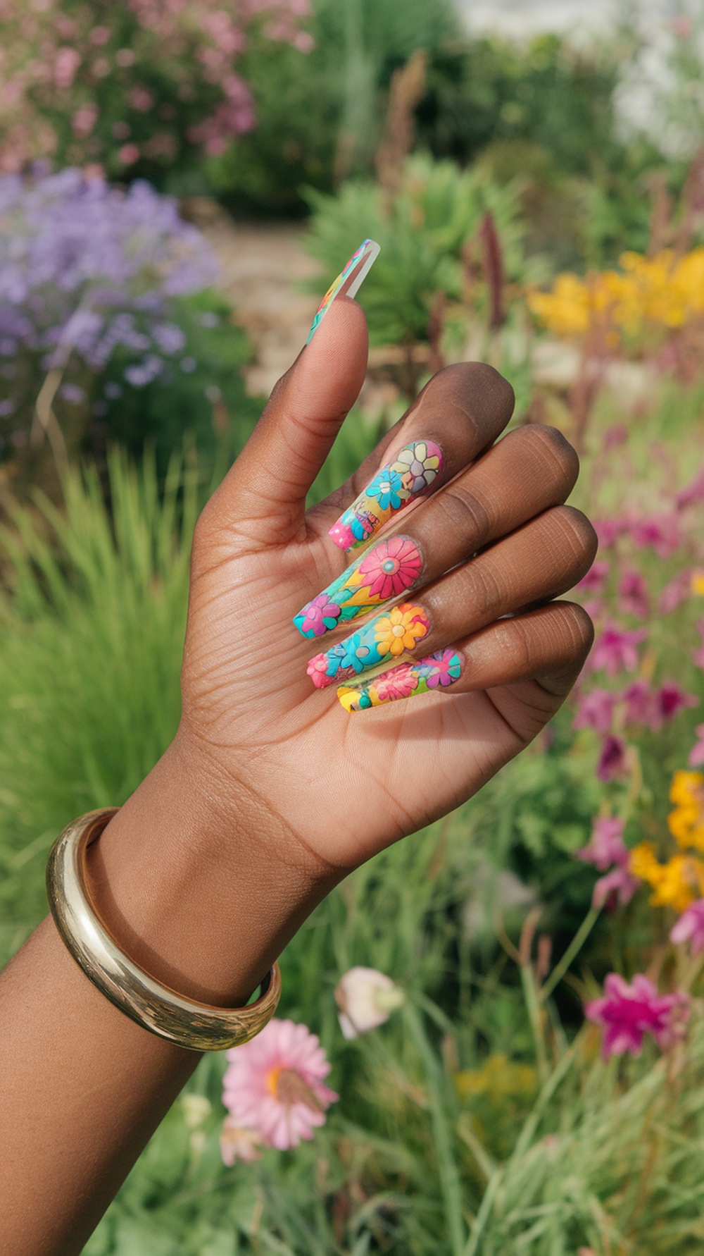 Colorful floral nail art featuring bright pink, blue, and yellow flowers on long nails
