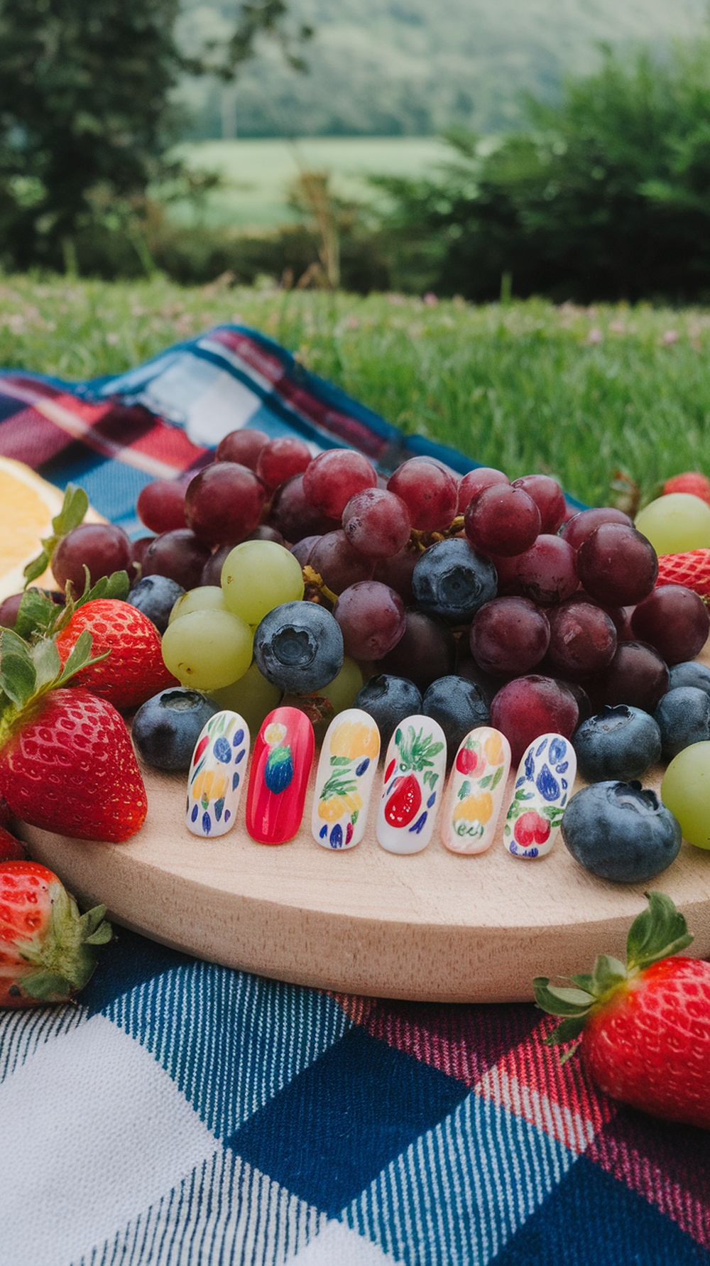 Colorful fruit-inspired nails surrounded by fresh fruit.