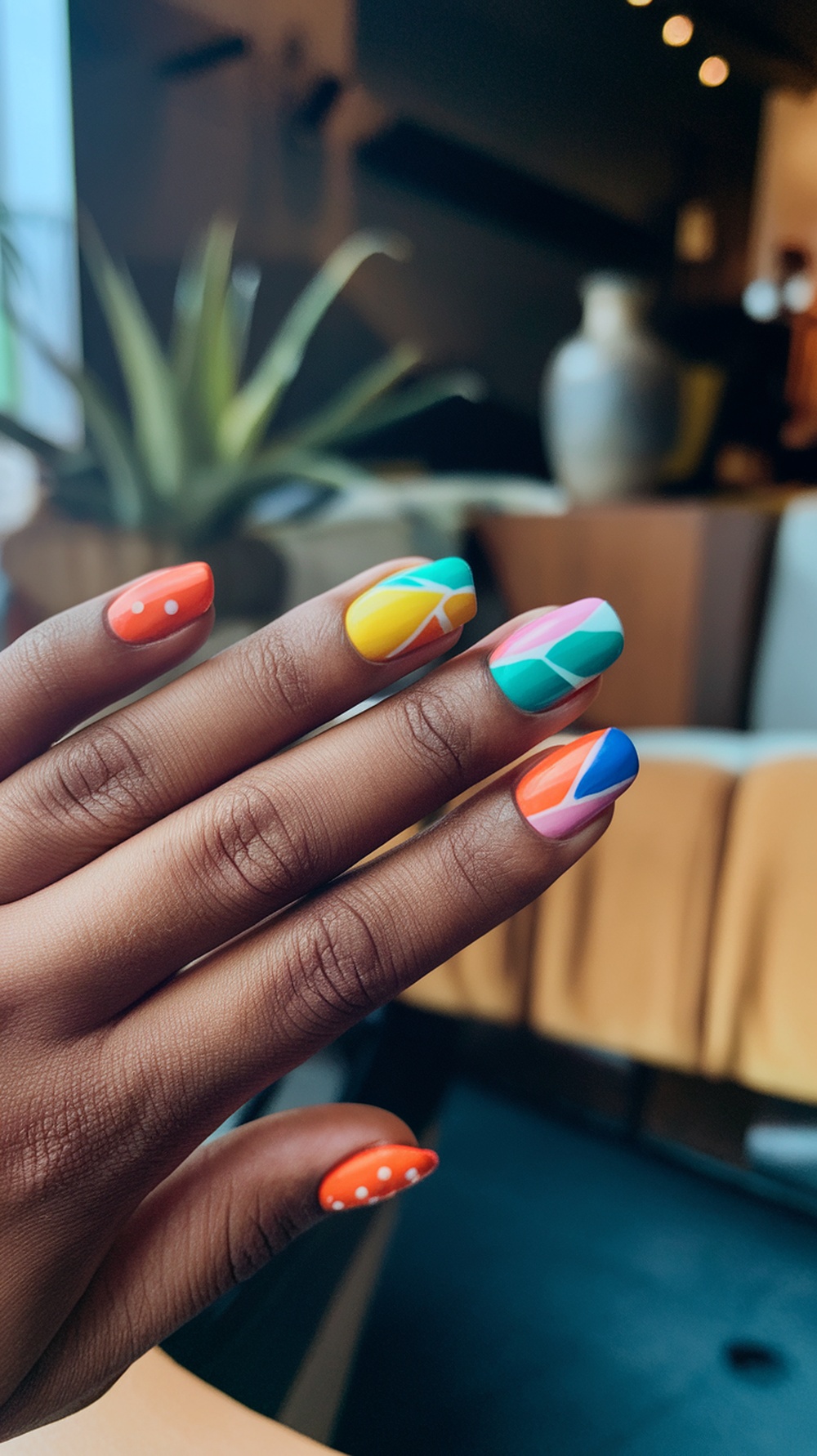 Colorful geometric nail art with orange, yellow, teal, and pink patterns on fingers.