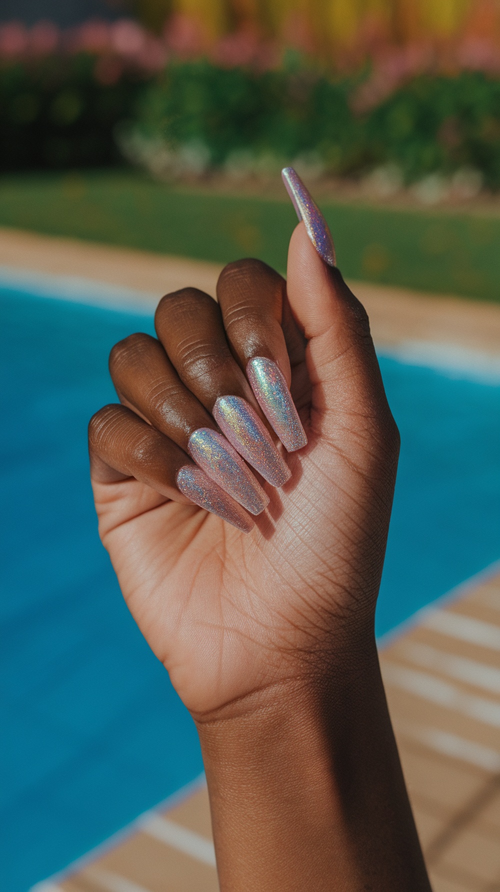 Holographic nails with a shimmering finish near a swimming pool