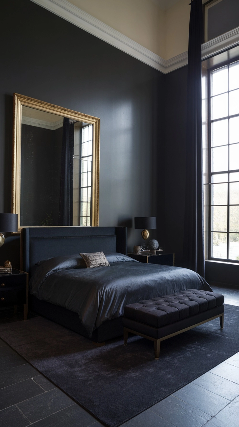Dramatic dark grey bedroom with black furniture and gold accents