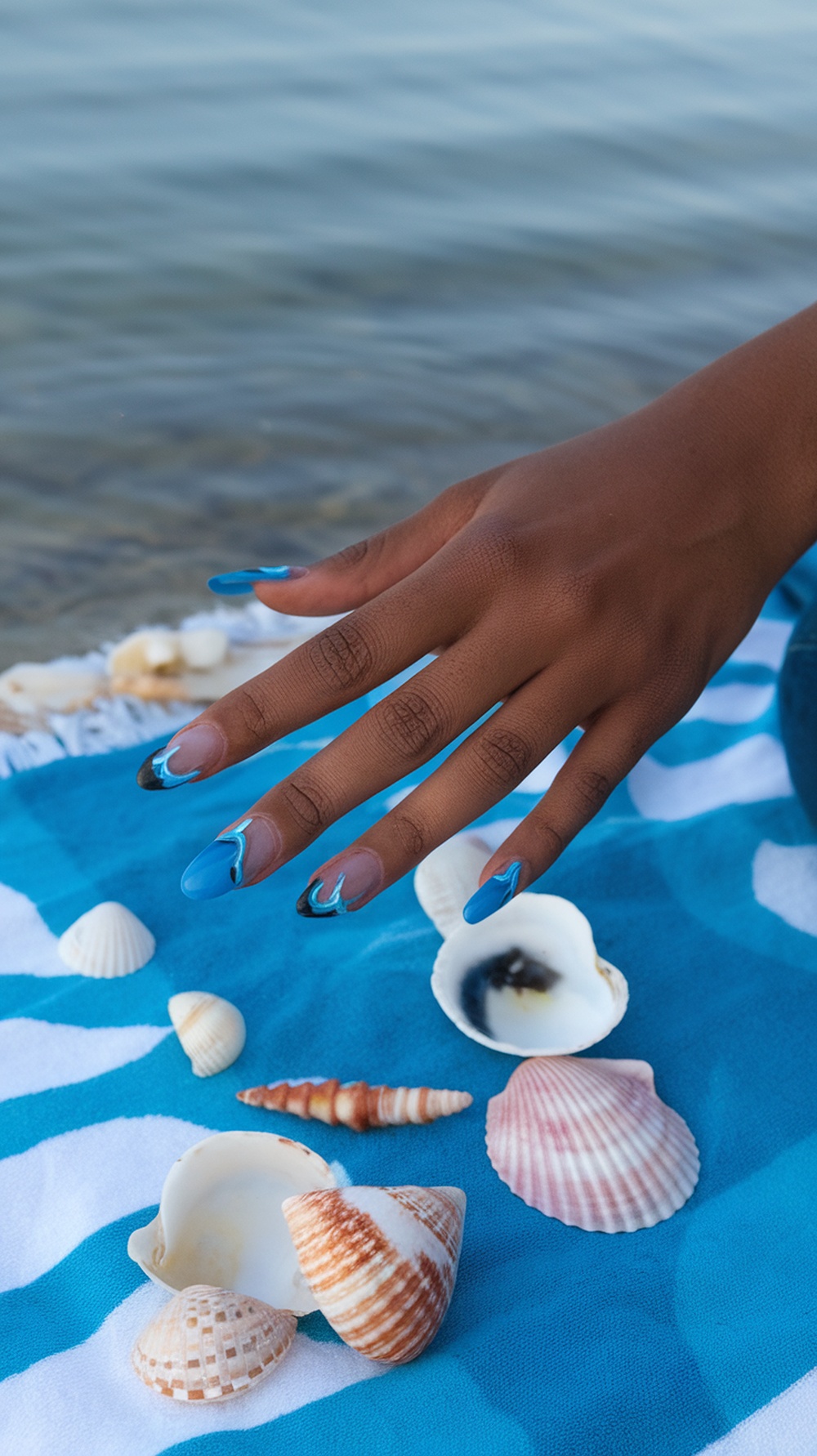 Ocean wave nail art on a hand with shells and a beach towel in the background.