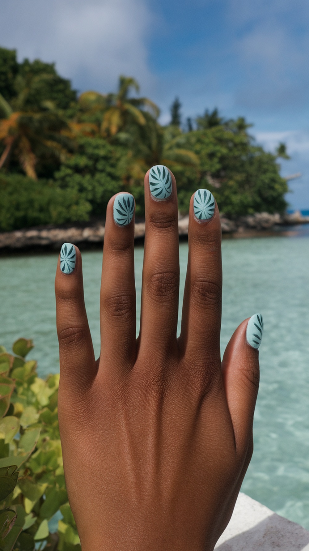 Hand showing mint green nails with palm leaf patterns against a tropical backdrop.