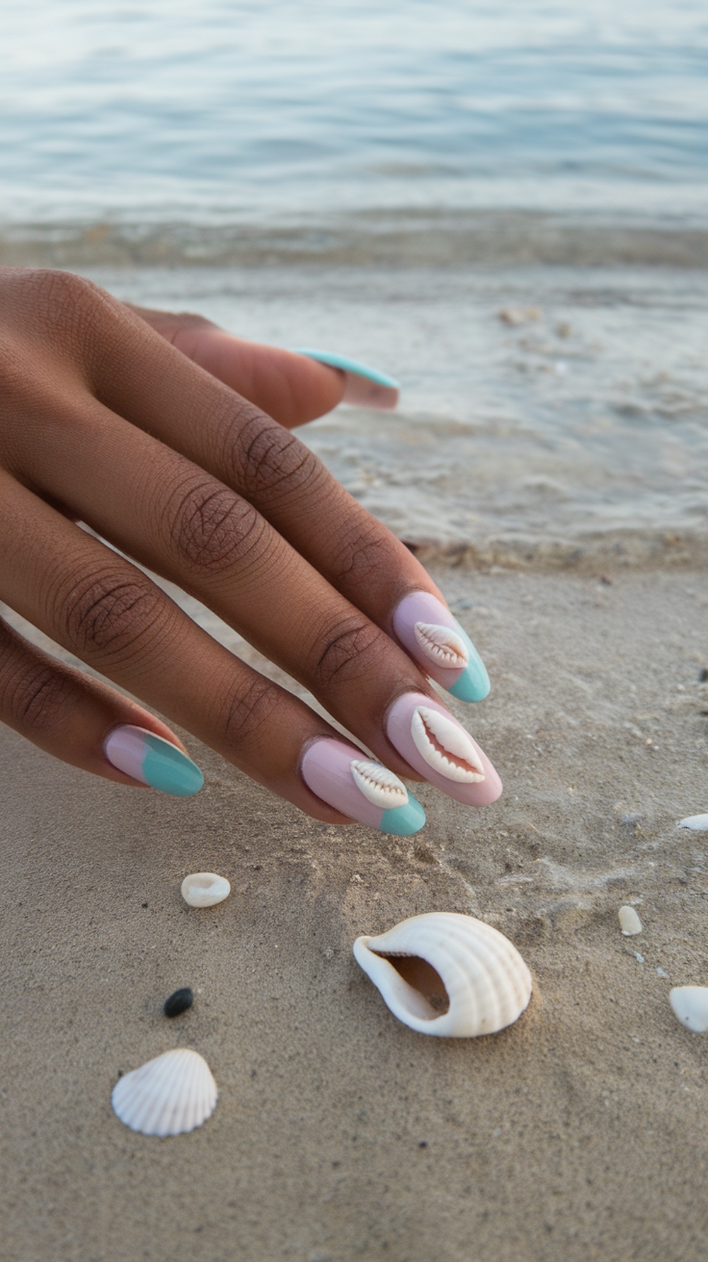 Pastel seashell nail art on sandy beach