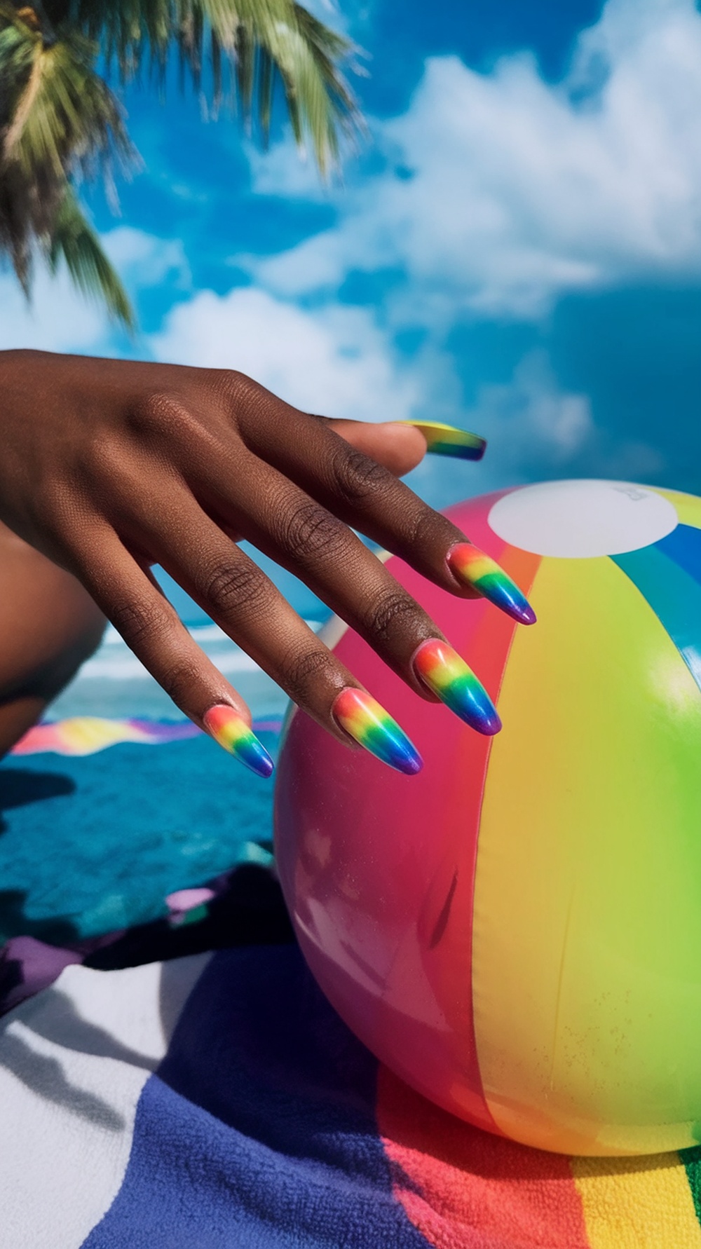 Colorful rainbow ombre nails next to a beach ball on a beach