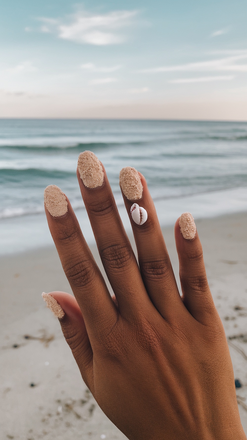 A hand with sandy textured nails on a beach background