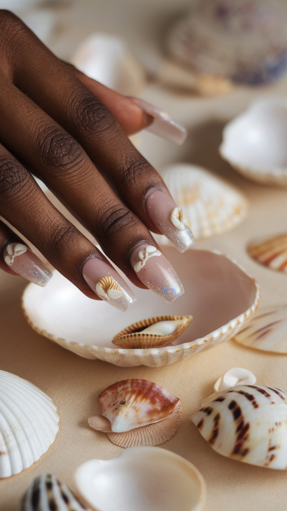 Nails with shell accents and glitter on a beach-themed background