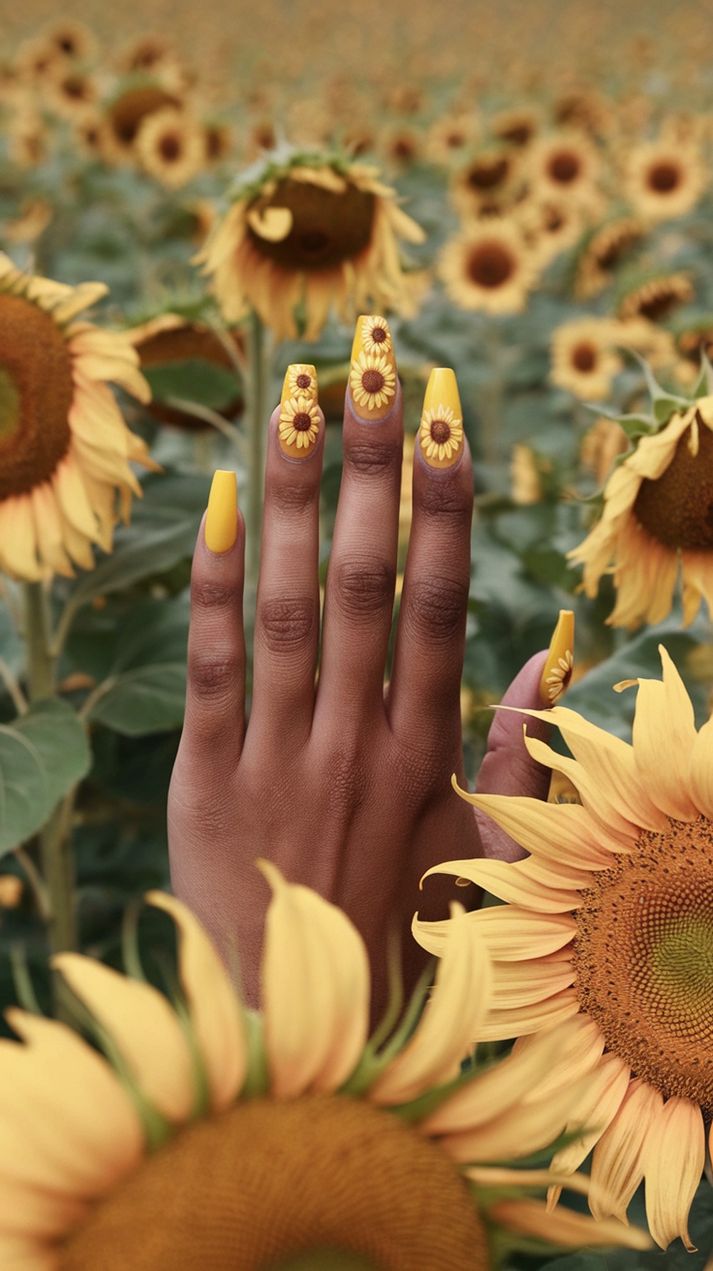 Hand with sunflower-themed nail art in a field of sunflowers