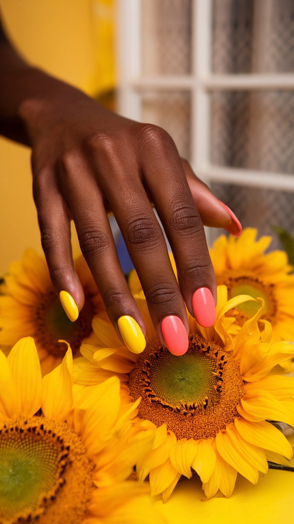 A hand with yellow and coral nails resting on sunflower petals.