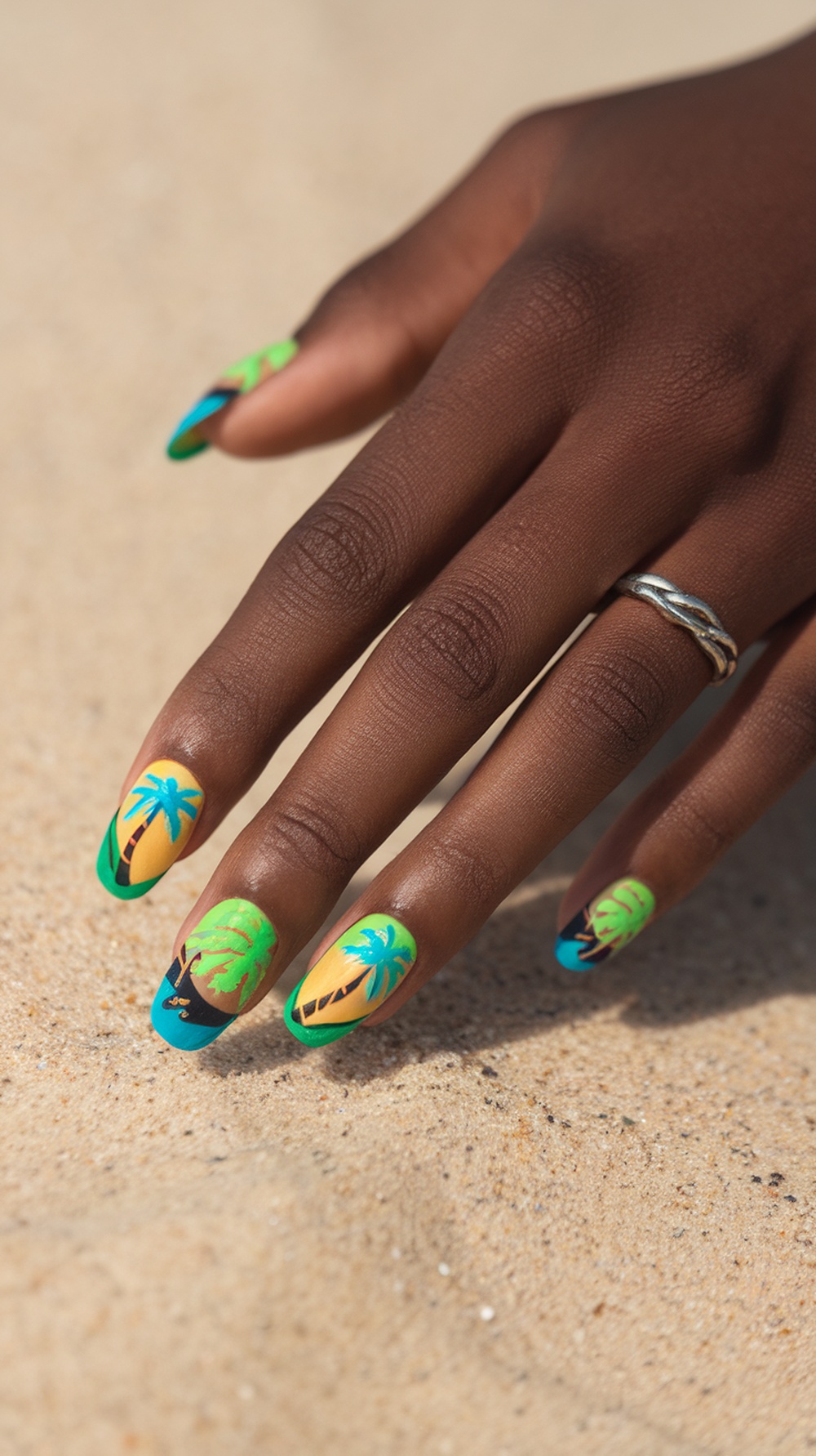 Irresistible Summer Vacation Nail Designs You’ll Love 2 Nail art featuring tropical palm tree designs on a hand resting on sand