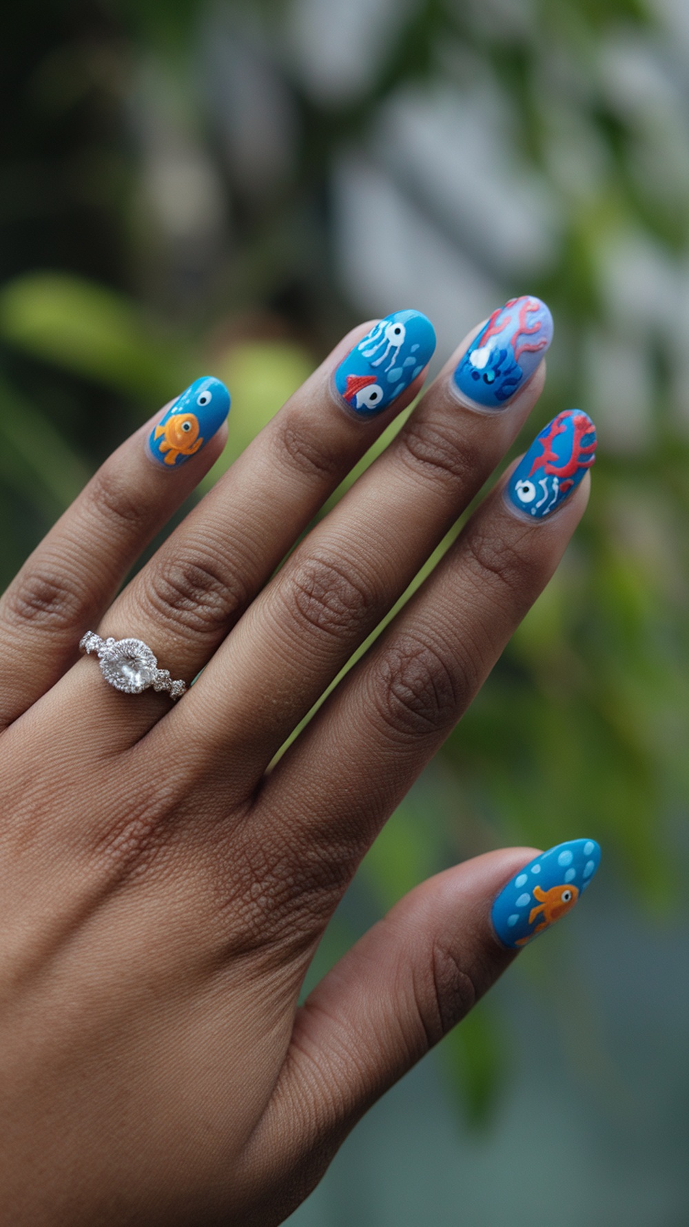 Close-up of colorful under the sea nail art on a hand with a ring